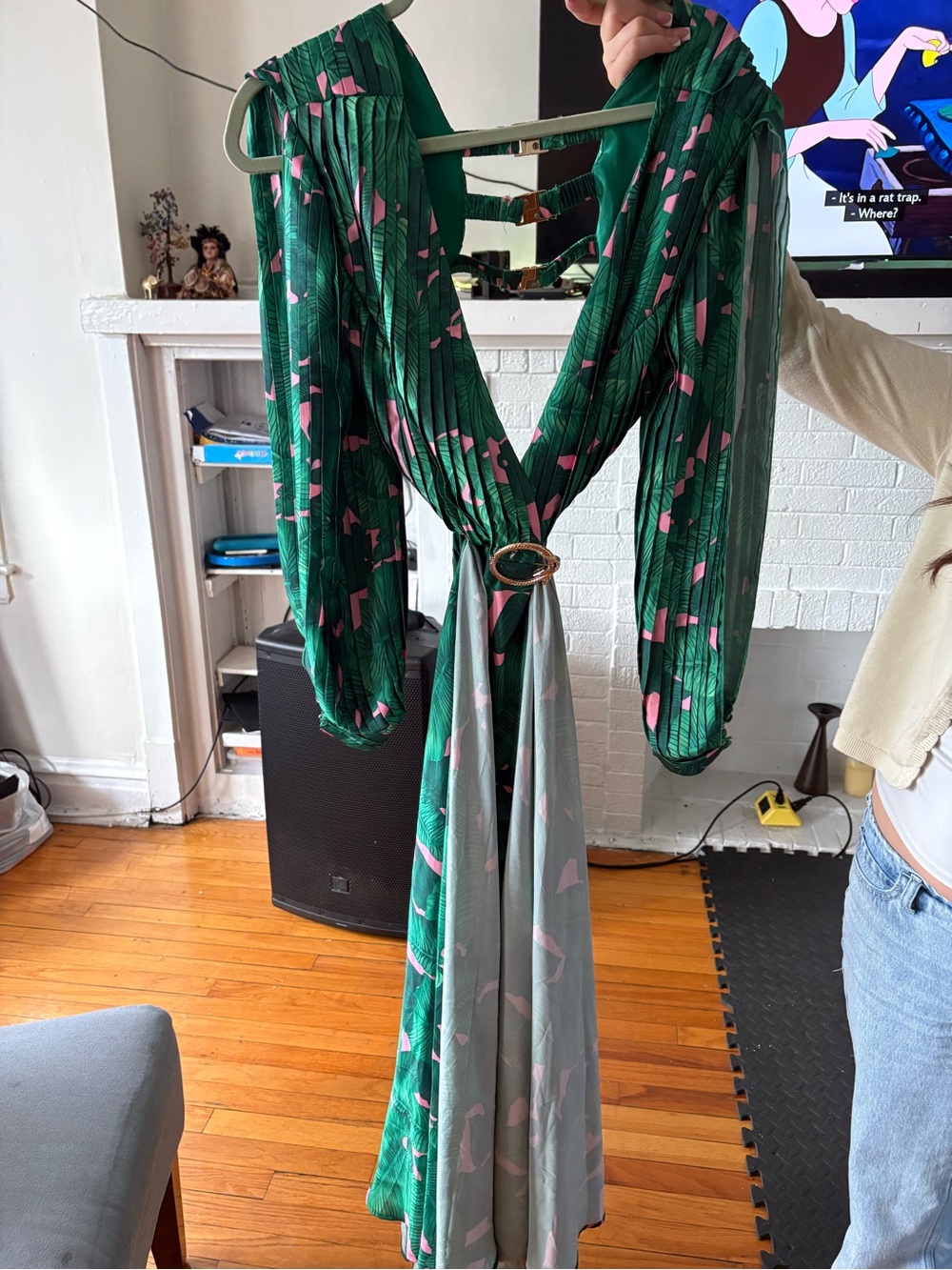 Green Floral Print Women’s Wrap Dress with Pink Accents